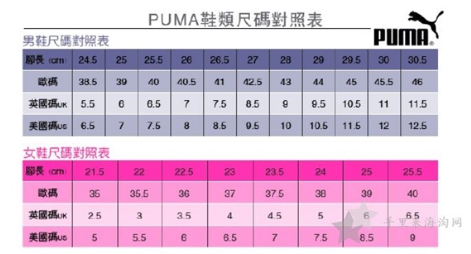 Puma美国官网尺码对照表_彪马鞋子尺码表2